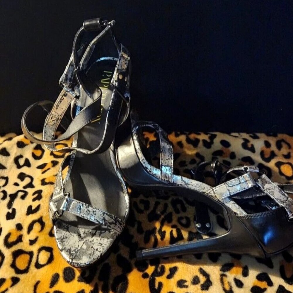Paper Fox Black & Silver Ankle Strap Stiletto Sandals- Size 9